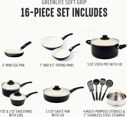 GreenLife 16 Piece Nonstick Cookware Set, Soft Grip Non-Toxic PFAS-Free Ceramic Pots & Pans, Dishwasher & Oven Safe, Frying, Sauce, Utensils, Glass Lids, Stay-Cool Handles, Wobble Free, Black & Cream - Image 4