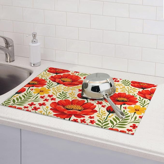 Watercolor Flower Dish Drying Mat For Kitchen Counter Absorbent Large Kitchen Fast Dry Pad Reusable Washable Protector Rack Large Mat 18 X 24