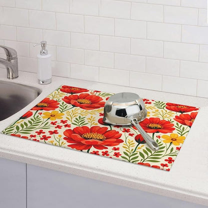 Watercolor Flower Dish Drying Mat For Kitchen Counter Absorbent Large Kitchen Fast Dry Pad Reusable Washable Protector Rack Large Mat 18 X 24