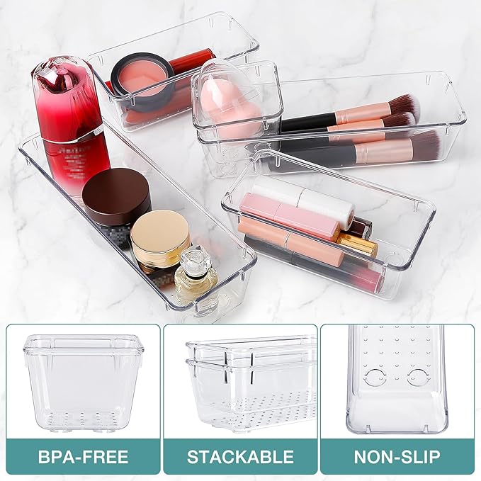 StorMiracle 25 PCS Drawer Organizer Set, 4 Varied Size Bathroom and kitchen Drawer cabinet organizer Trays, Clear Storage Bins for Makeup, Jewelry, Utensils and Gadgets - Image 3
