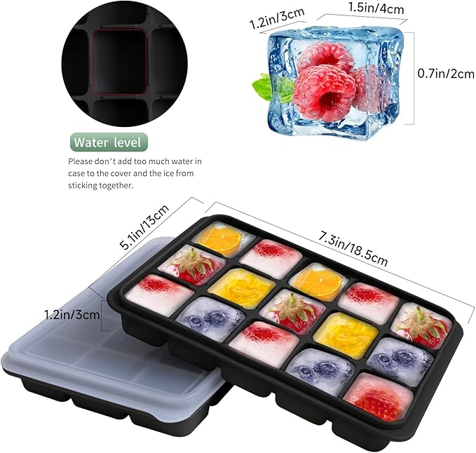 Tvmania Ice Cube Trays Set of 2, Easy Release 15 Flexible Silicone Ice Cube Molds with Removable Lid Reusable Freezer Ice Trays Stackable for Whiskey, Baby Food, BPA Free (black) - Image 3