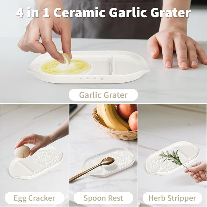 WhiteRhino 4 in 1 Ceramic Garlic Grater with Egg Cracker,Spoon Rest and Herb Stripper, Ginger Grater Plate for Grinding Wasabi Fruits Vegetables Ginger Garlic Cheese(6.76inx3.7in) - Image 2