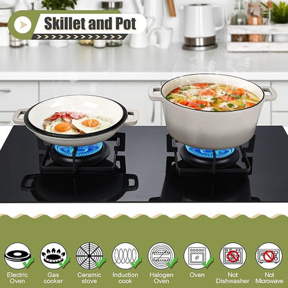 P&P CHEF 5Qt Dutch Oven Pot for Bread Baking (Khaki), 2 In 1 Round Cast Iron Dutch Oven with Lid Set, Skillet & Pot for Roasting Braising Stewing Frying Simmering, Multi Stoves & Oven Safe - Image 5