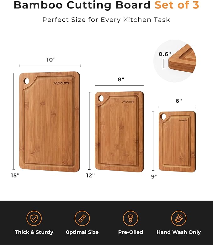 Bamboo Cutting Board for Kitchen, Knife-Friendly Wooden Cutting Boards Set 3-Piece with Juice Groove, Durable Chopping Boards for Meat, Vegetables, Fruits, Cheese – Multi-Purpose, Kitchen Gifts