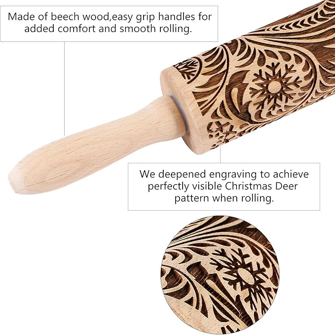 Embossed Wooden Rolling Pin for Baking,Evermarket Deep Engraved Embossing Rolling Pin with Christmas Snowflake Flower Design for Baking Embossed Cookies,Cute Kitchen Decor DIY Tool for Adults - Image 3