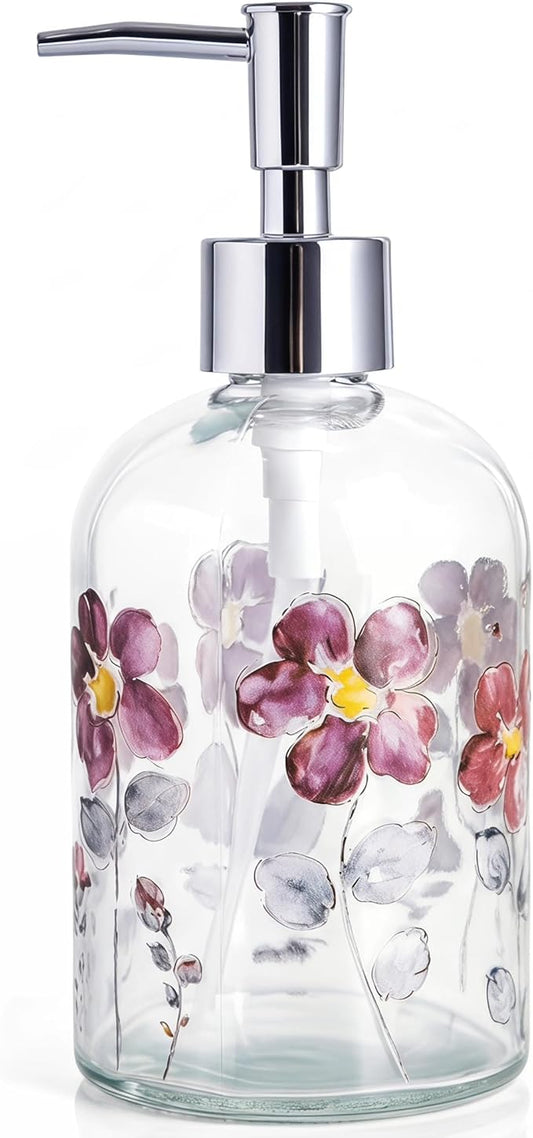 17oz Glass Soap Dispenser with Plastic Pump for Kitchen and Bathroom, Refillable Liquid Clear Bottle for Dish Soap & Hand Soap(Flower)