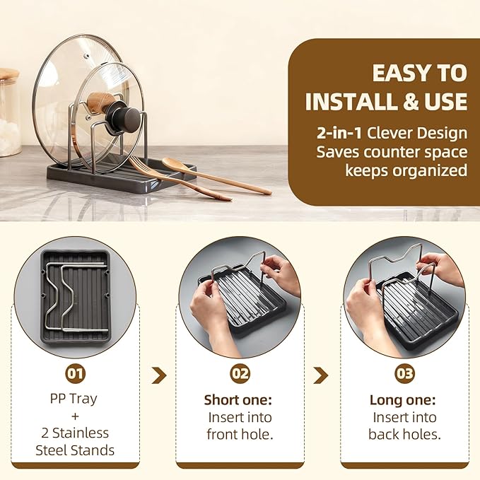 2 in 1 Pot Lid Holder & Spoon Rest for Kitchen Counter, Plastic Utensil Rest with Stainless Steel Pan Lid Holder Organizer While Cooking, Countertop Space Saving Pot Cover Rack | Easy to Clean - Image 7