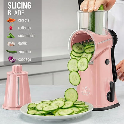 Zulay Kitchen Rotary Cheese Grater 5 Blade Cheese Shredder - Manual Hand Crank Cheese Grater With Reinforced Suction & 5 Interchangeable Drums - Easy to Use, Vegetable Chopper Round Mandoline Slicer - Image 5