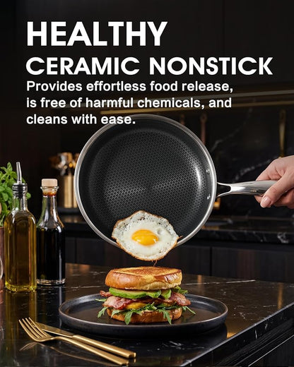 Non Stick Frying Pan 12 Inch with Lid, Hybrid Nonstick Stainless Steel Skillet Pan with Stay-cooling Handle, PFOA Free Non Toxic Dishwash & Oven Safe Kithchen Cookware Set Compatible All Cooktops - Image 2