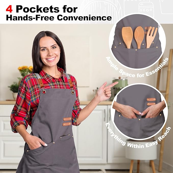 BeLuyi chef apron bib tool apron for man woman cross back straps with 4 pockets for kitchen cooking gardening baking working - Image 6