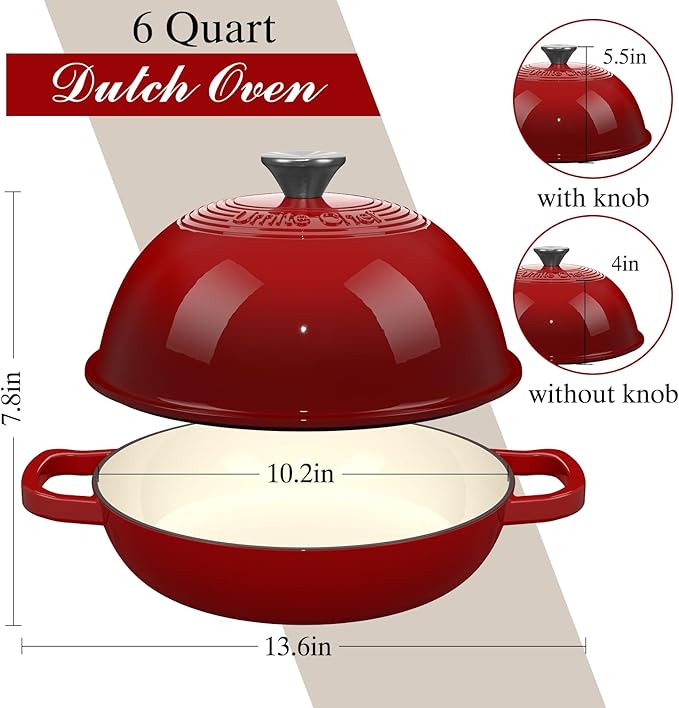Enamelled Cast Iron Dutch Oven Pot – Dutch Oven Pot with Lid For Sourdough Bread Baking – Cast Iron Bread Oven – Red, Umite Chef 6QT Pot with Lid & Cotton Potholders - Image 5