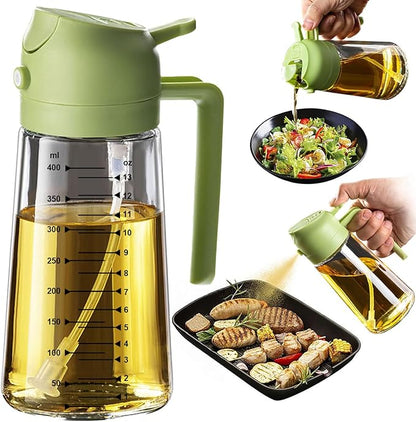 TrendPlain 16oz/470ml Glass Olive Oil Sprayer for Cooking – 2 in 1 Olive Oil Dispenser Bottle for Kitchen Gadgets and Air Fryer Accessories, Salad, BBQ - Green by TrendPlain