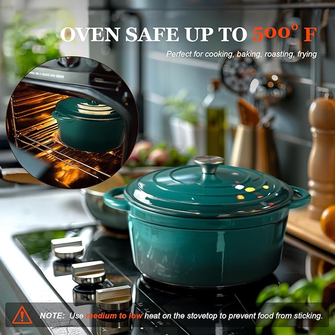 Overmont Enameled Cast Iron Dutch Oven - 7QT Pot with Lid Cookbook & Cotton Potholders - Heavy-Duty Cookware for Braising, Stews, Roasting, Sourdough Baking bottle green - Image 5