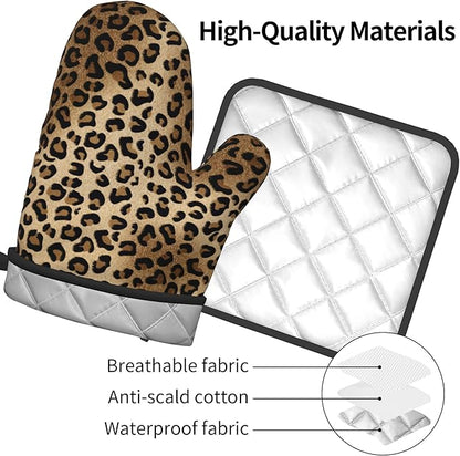 Leopard Print Oven Mitts - Brown Oven Mitts and Pot Holders Sets of 2 Animal Print Kitchen Mitts Hot Pads for Baking Grilling - Image 4