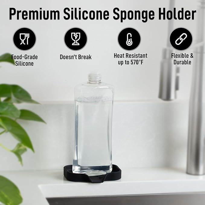 Zulay Kitchen Small Silicone Sponge Holder (4.9x3.3”) – Space-Saving Sink Organizer Tray for Sponge, Soap, Brush & More – Compact Non-Slip Dish for Kitchen & Bathroom (Black) - Image 2