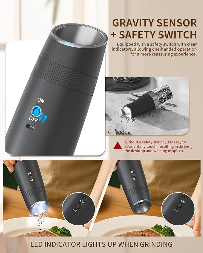CIRCLE JOY Gravity Electric Salt and Pepper Grinder Set Rechargeable Automatic Pepper and Salt Shakers with LED Light, External Adjustable Coarseness, One-Hand Operation for Salt & Spices - Image 3