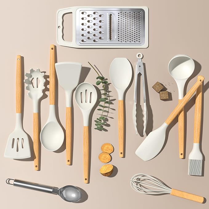 Umite Chef Silicone Kitchen Utensil Set, 34PCS Heat Resistant Kitchen Gadgets and Tools With Grater, Cream White Wood Handles for Nonstick Cookware - Image 7