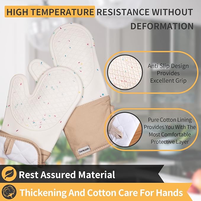 Oven Glove Cute,Cooking Mittens,Oven Mittens for Kitchen,Oven Gloves for Kitchen,Washable Silicone Oven Mitts Heat Resistant 500°F, Potholders for Kitchens Cooking Baking(Cream - Image 5