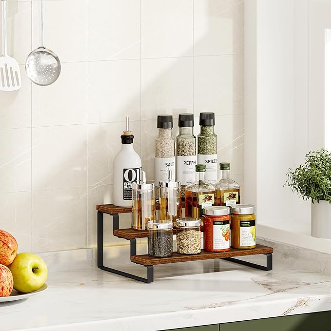 Giikin 3-Tier Spice Rack, 13.8 Inch Wood Step Shelf Countertop Spice Storage Holder, Kitchen Pantry Cabinet Organizer Cupboard for Spice Bottles, Jars, Seasonings, Baking Supplies, Metal Frame - Image 7