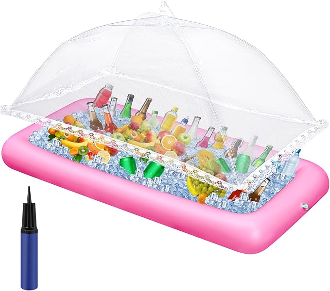 Leitee 3 Pcs Inflatable Serving Bar Kit Includes Salad Buffet Tray with Drain Plug Mesh Food Cover Food Drink Containers and Inflator for Ice Supplies Halloween Party Camping Picnic(Pink)