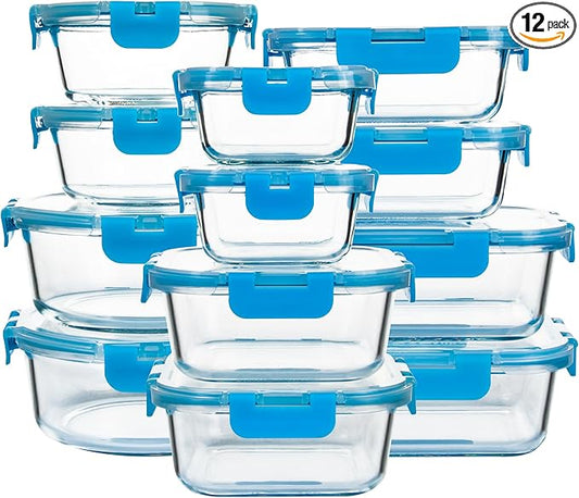 FAWLES 12 Pack Glass Meal Prep Containers with Airtight Lids, Leak-Proof Food Storage Containers, Dishwasher/Microwave/Oven/Freezer Safe Glass Containers for Lunch, Leftovers, to Go (Blue)