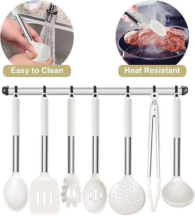 E-far Silicone Cooking Utensils Set, 7 Pcs Heat Resistant Kitchen Utensils with Stainless Steel Handle, Slotted Turner, Spoon, Soup Ladle, Pasta Server, Skimmer, Tongs for Nonstick Cookware, White - Image 6