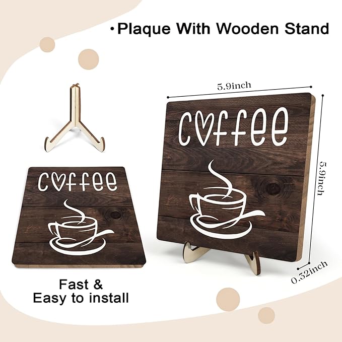 Coffee Bar Sign Plaque Decor,Coffee Bar Accessories,Rustic Wooden Tabletop Plaque with Stand, Minimalist Farmhouse Kitchen Counter Sign,Cute Mini Café Bar Decor Gift (Brown2, 5.9x5.9inches) - Image 2