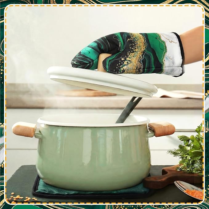 Leinuosen 8 Pcs Kitchen Towels and Dishcloths Sets Oven Mitts and Pot Holders Sets Absorbent Kitchen Gloves Potholders Heat Resistant for Chef Baking Cooking (Green,Marble)