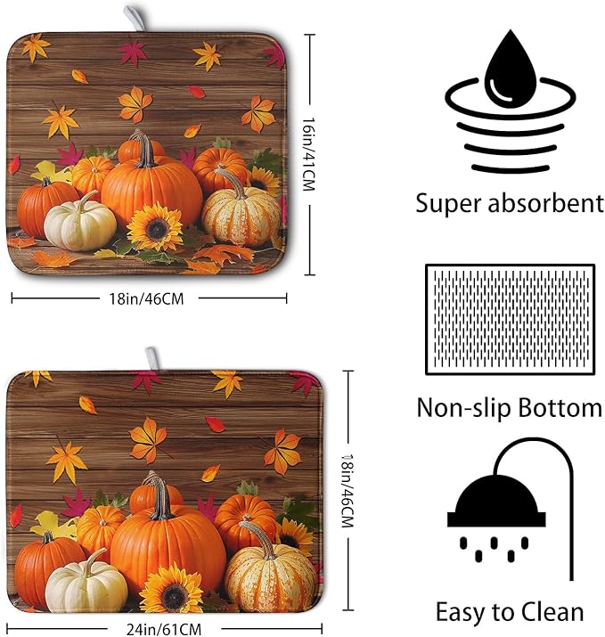 AutumnThanksgiving Pumpkin Dish Drying Mat for Kitchen Counter 18x24 Inch Fall Sunflowers Maple Leaves Harvest Kitchen Drying Mat Microfiber Super Absorbent Dish Rack Drainer Mat with Hanging Loop - Image 2