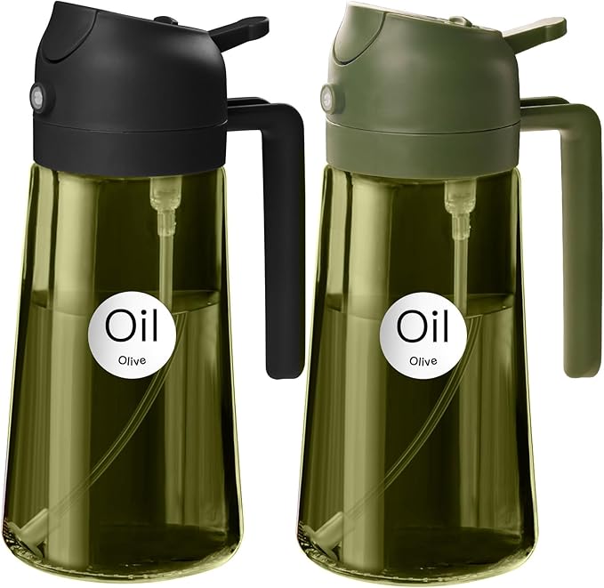 YARRAMATE 2Pcs 16oz/470ml Dark Green Oil Sprayer for Cooking with Stickers, Food-grade Premium 2 in 1 Olive Oil Dispenser Bottle for Kitchen Gadgets, Air Fryer, Salad, Frying, BBQ (Black&OliveGreen) by YARRAMATE