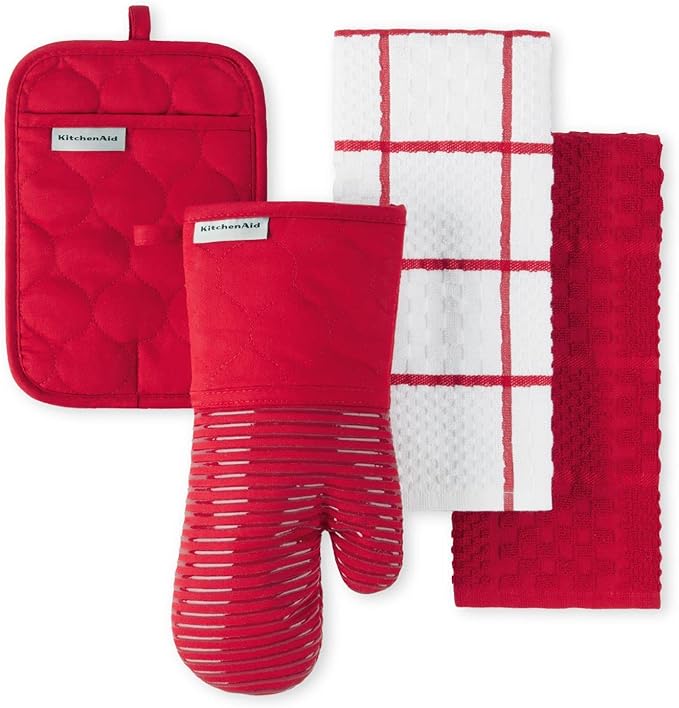 KITCHENAID Quilted Cotton Terry Cloth Oven Mitt, Pot Holder, Kitchen Towel 4-Pack Set, Heat Resistant, Silicone Grip, Gift Set, Passion Red, 16"x26", 7"x13" & 7"x10" by KitchenAid