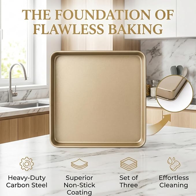 Dicunoy 3 Pack Baking Sheet Pans 11 Inches x 11 Inches, Nonstick Square Baking Pan, Heavy Duty Cookie Sheets for Baking, Evenly Heating Toaster Oven Tray Deep Dish for Bread Brownie Cake