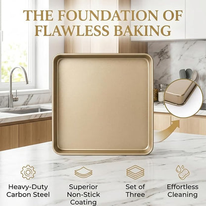 Dicunoy 3 Pack Baking Sheet Pans 11 Inches x 11 Inches, Nonstick Square Baking Pan, Heavy Duty Cookie Sheets for Baking, Evenly Heating Toaster Oven Tray Deep Dish for Bread Brownie Cake