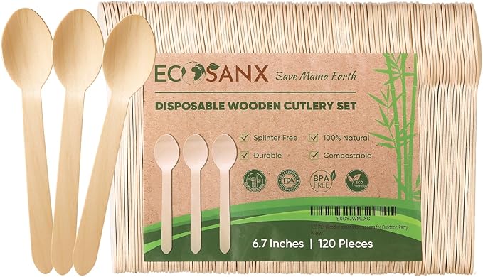 ECOSANX® 120 PCs Wooden spoons for eating, 6.5" Splinter Free small disposable spoons, Eco-Friendly, 100% All-Natural Compostable spoons for Outdoor, Bamboo spoon Disposable for Camping Events & More by ECOSANX