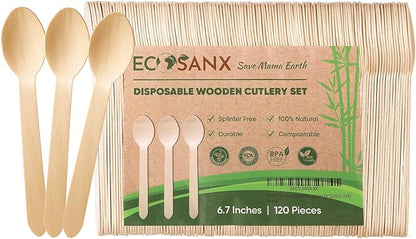 ECOSANX® 120 PCs Wooden spoons for eating, 6.5" Splinter Free small disposable spoons, Eco-Friendly, 100% All-Natural Compostable spoons for Outdoor, Bamboo spoon Disposable for Camping Events & More by ECOSANX