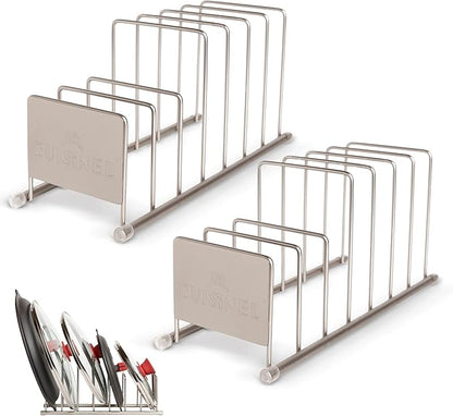 Cuisinel Lid and Dish Organizer Rack - 2-Pack Satin Nickel Kitchen Storage Organization Stand - Plate Holder, Pan/Pot Covers, Cutting Board and Cookie Sheet Divider - 7-Tier Cabinet/Counter Display by Cuisinel