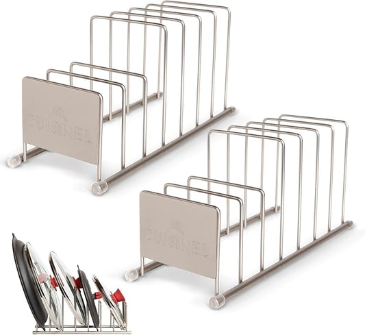 Cuisinel Lid and Dish Organizer Rack - 2-Pack Satin Nickel Kitchen Storage Organization Stand - Plate Holder, Pan/Pot Covers, Cutting Board and Cookie Sheet Divider - 7-Tier Cabinet/Counter Display by Cuisinel