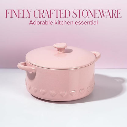 Paris Hilton Iconic Ceramic Stoneware Casserole Dish With Lid, Oven Safe Up To 450°F, Dishwasher & Microwave Safe, 28oz, Pink with Embossed Heart Design - Image 4