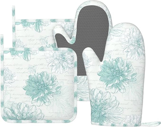 Oven Mitts and Pot Holders Dahlia Flower Pastel Vintage Silicone Kitchen Accessories Set of 4 Heat Resistant Long Gloves Potholder Non-Slip Grip for Chef Cooking Baking Grilling BBQ