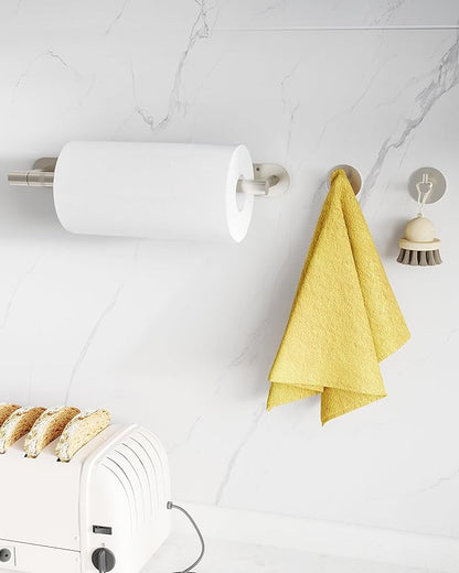 Paper Towel Holder Under Cabinet, Self Adhesive or Wall Mounted SUS304 Stainless Steel Paper Towel Holder for Kitchen, Bathroom(2 Towel Hooks, Silver) - Image 4