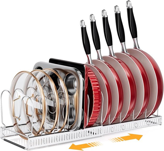 MUDEELA Pot Rack - Expandable Pots and Pans Organizer under Cabinet, Pot Lid Organizer Holder with 12 Adjustable Compartment, Kitchen Cabinet Organizer and Storage for Cutting Board, Skillets Pan by MUDEELA