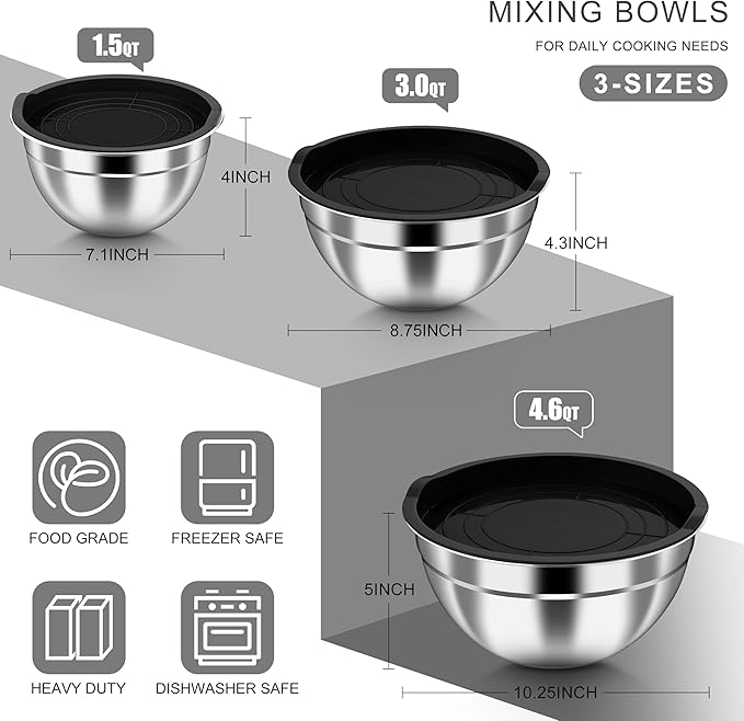 HaWare Mixing Bowls with Airtight Lids, 6-Piece Stainless Steel Salad Bowls, Strong Nesting Bowls for Cooking, Prepping, Baking, Serving & Food Storage, Stackable Design, Size 4.6, 3, 1.5QT, Black - Image 2