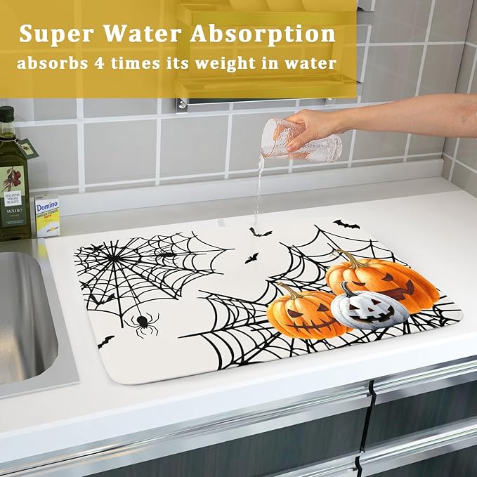 Giwawa Happy Halloween Dish Drying Mat 18"x24" Spooky Colorful Pumpkins Decorative Dish Drainer Mats Horrible Spider Web Bats Reversible Dish Drying Pad for Kitchen Countertop Dining Room