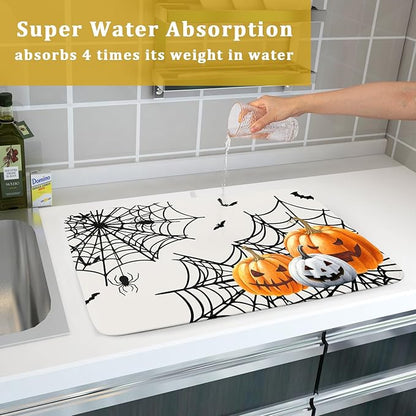 Giwawa Happy Halloween Dish Drying Mat 18"x24" Spooky Colorful Pumpkins Decorative Dish Drainer Mats Horrible Spider Web Bats Reversible Dish Drying Pad for Kitchen Countertop Dining Room