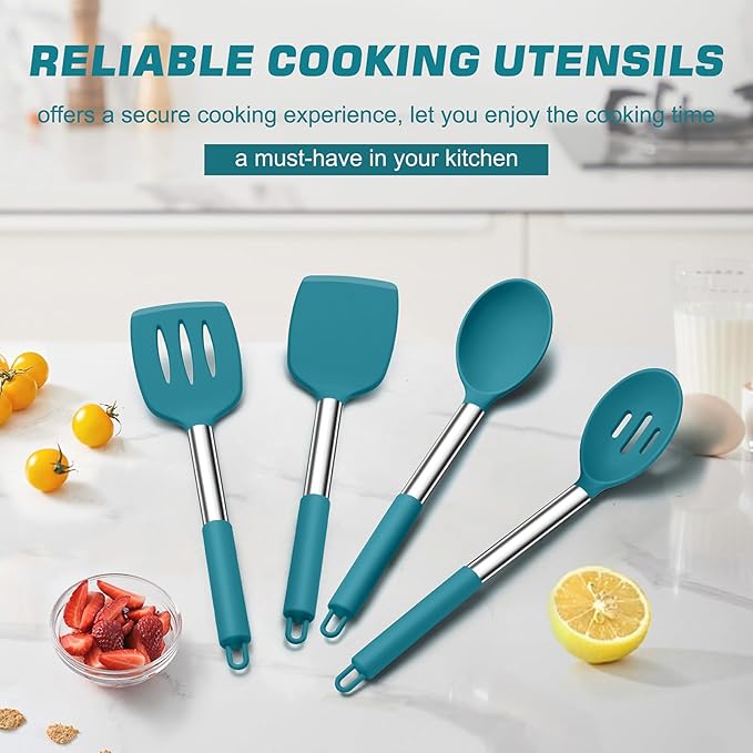 TeamFar Cooking Utensils Set, 4PCS Heatproof Silicone Utensil Kitchen Tools with Stainless Steel Handle, for Non-stick Cookware Flipping Frying Draining, Nontoxic & Non scratch, Easy Clean - Navy Blue - Image 7