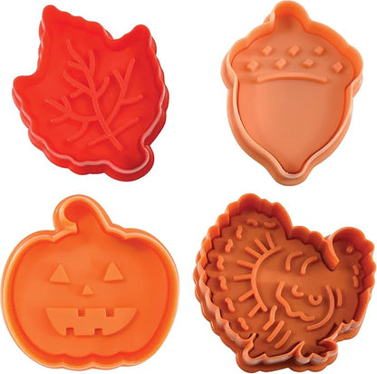 R&M Autumn Theme Pastry & Cookie Stamper set of 4. Assorted Designs & Colors, Turkey, Acorn, Pumpkin, Oak leaf. 2 Inch Assorted Color Cookie Cutters