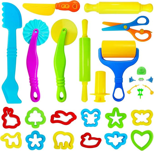 28Pcs Dough and Clay Play Tools Kit for Kids, Modeling Clay Accessories with Animal Cutters, Rolling Pins, Safety Scissors, Dough Extruder & Rollers by Unknown