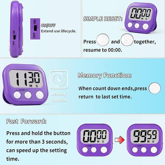 Timer for Kids Teachers Supplies Digital Kitchen Timers for Cooking Large Magnetic Classroom Timer 2Pack-Blue Purple