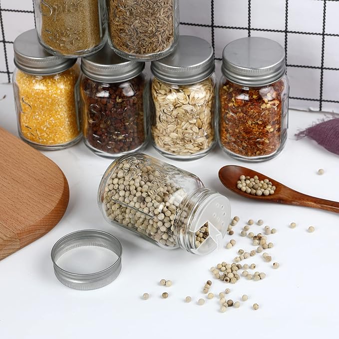 30 Pack 4oz Glass Mason Spice Jars Bottles, Empty Round Containers with Silver Airtight Metal Caps and Pour/Sift Shaker Lid