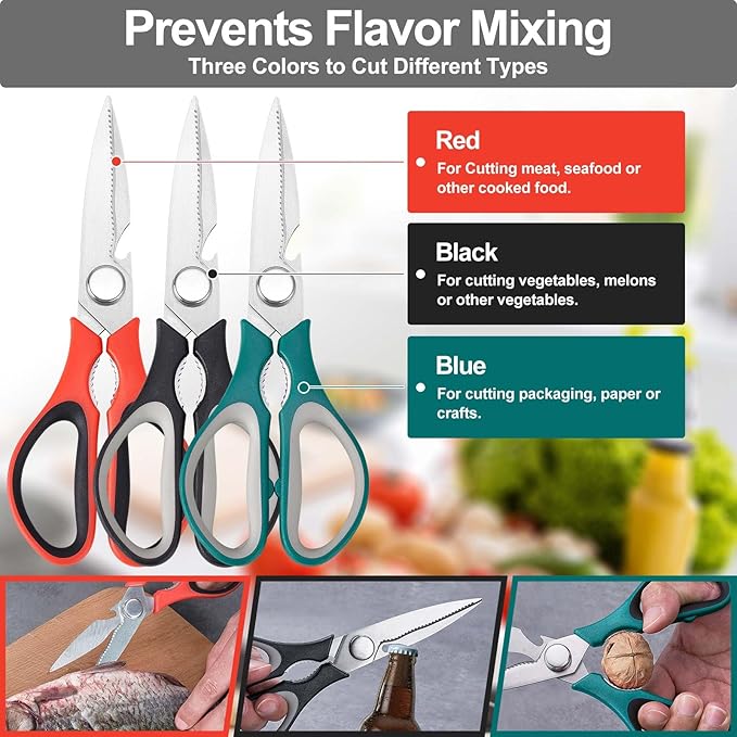3-Pack Kitchen Scissor All Purpose Kitchen Shears Heavy Duty Scissors Stainless Steel Dishwasher Safe Cooking Scissors, Kitchens Utensils removable for Cutting Meat, Chicken,Fish, Vegetable - Image 2